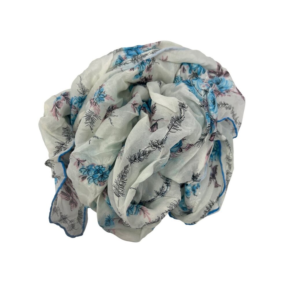 Vintage Floral Square Scarf Boho Lightweight Rolled Edge White Blue Pink Accents